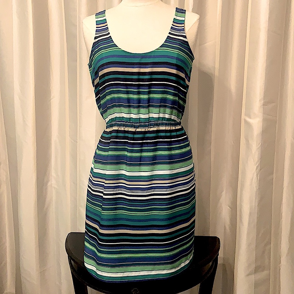 LOFT Sleeveless Striped Scoop Neck Dress in Blue & Green